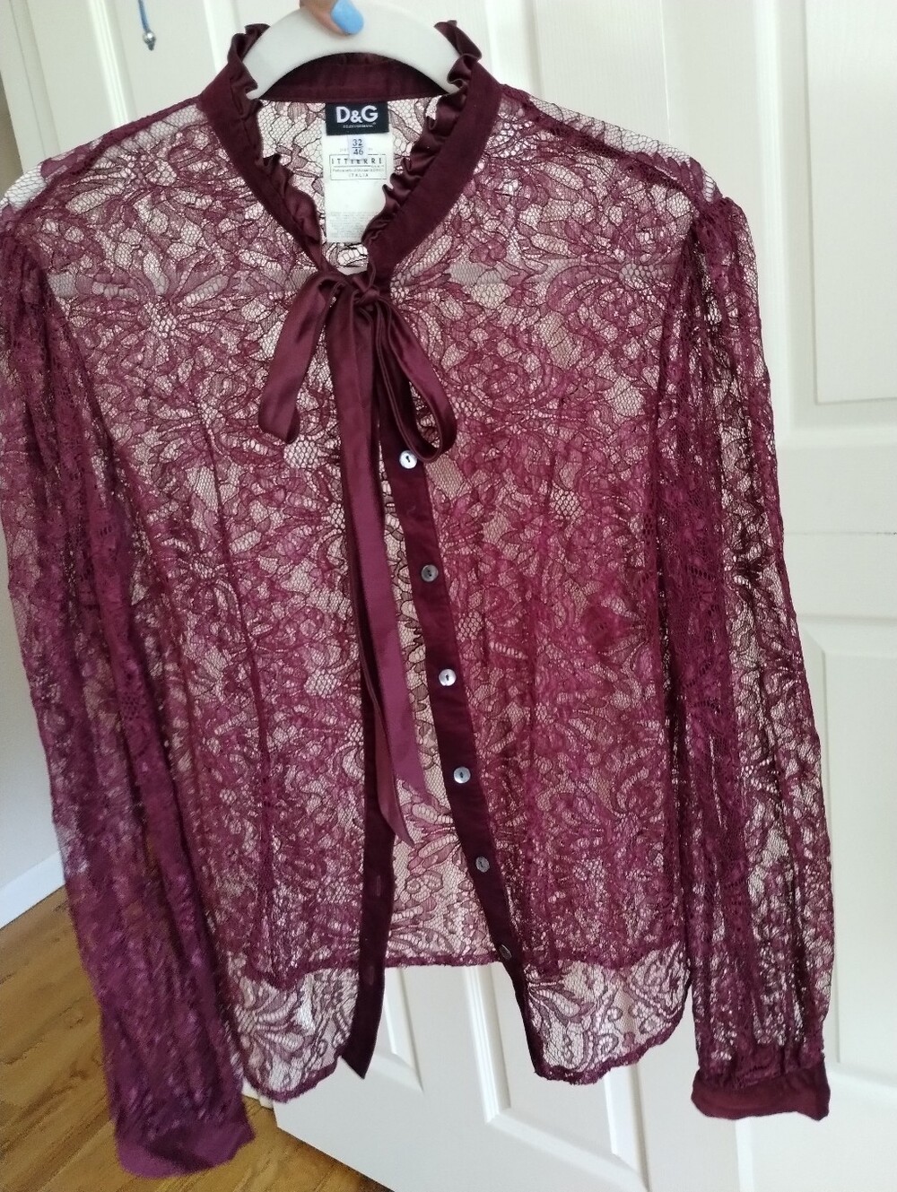 D&G Women's Wine Lace Bow-Front Blouse